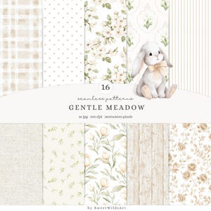 May include: A set of 16 seamless patterns in beige and white, with floral and polka dot designs, and a bunny illustration. The patterns include watercolor textures and botanical elements. The text reads "GENTLE MEADOW".