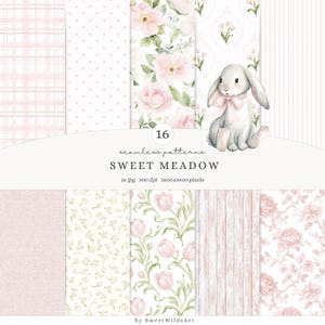 May include: A collection of 16 seamless patterns in soft pink and white. Designs include floral, plaid, and polka dot patterns, along with a watercolor illustration of a bunny. The text reads "Sweet Meadow".