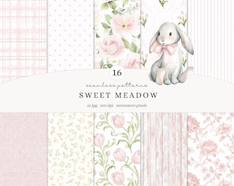 Watercolor Sweet Meadow Seamless Patterns, Spring Floral Pattern, Pink Gingham Pattern, Pastel Papers, Nursery Scrapbook Digital Patterns