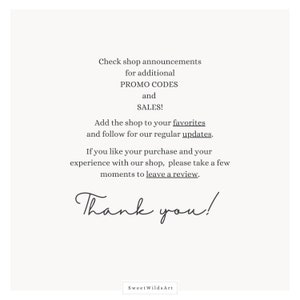May include: Cream-colored graphic with text. The text reads: "Check shop announcements for additional PROMO CODES and SALES!" and "Thank you!" The shop name "Sweet WildsArt" is at the bottom. The image encourages reviews.