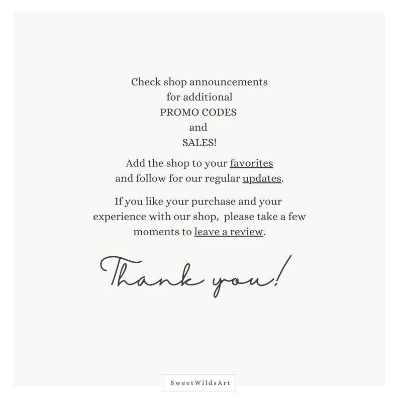 May include: Cream-colored graphic with text. The text reads: "Check shop announcements for additional PROMO CODES and SALES!" and "Thank you!" The shop name "Sweet WildsArt" is at the bottom. The image encourages reviews.
