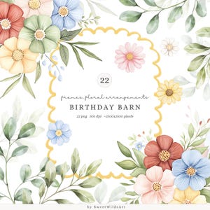 Aquarell Geburtstag Scheune Blumen Clipart, Rahmen und Blumen PNG, Aquarell Bauernhof Blumen, Bauernhof Babyparty Grün, bunte rustikale Blumen