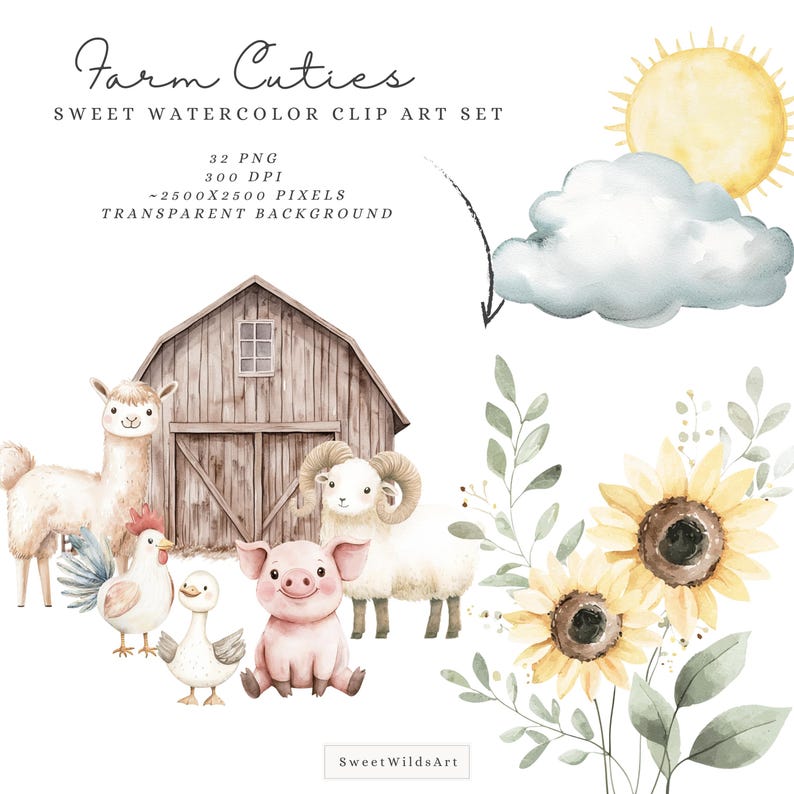May include: Watercolor clip art set titled "Farm Cuties" featuring a barn, farm animals, sunflowers, a sun, and a cloud. The set includes a llama, ram, pig, chicken, and duck. The artwork is in soft watercolor tones with a transparent background.