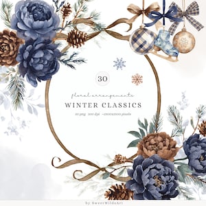 Pode incluir: Arranjo floral em aquarela com peónias azul marinho, pinhas castanhas e ramos de sempre-vivas. O design inclui uma moldura oval castanha, laços decorativos e ornamentos de inverno. O texto diz "WINTER CLASSICS".