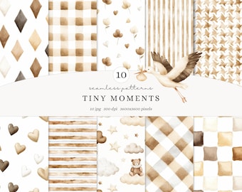May include: Set of 10 digital seamless patterns in brown and white featuring various designs including gingham, stripes, hearts, stars, clouds, a teddy bear, a stork, and a houndstooth pattern. The patterns are 3600x3600 pixels and 300 dpi.