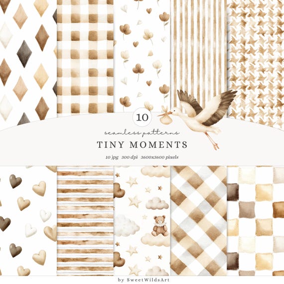 Watercolor Beige Nursery Patterns, Gingham, Stripes (Digital Download)