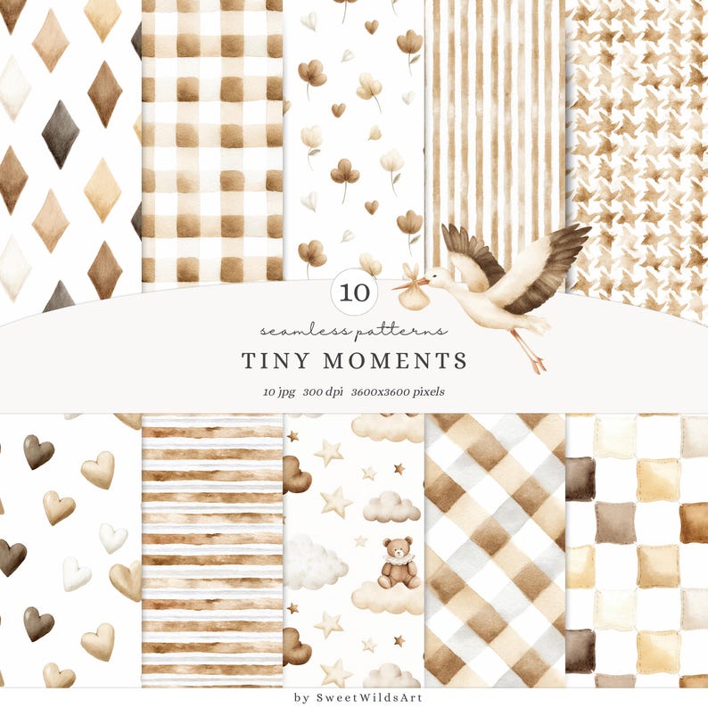 May include: Set of 10 digital seamless patterns in brown and white featuring various designs including gingham, stripes, hearts, stars, clouds, a teddy bear, a stork, and a houndstooth pattern. The patterns are 3600x3600 pixels and 300 dpi.