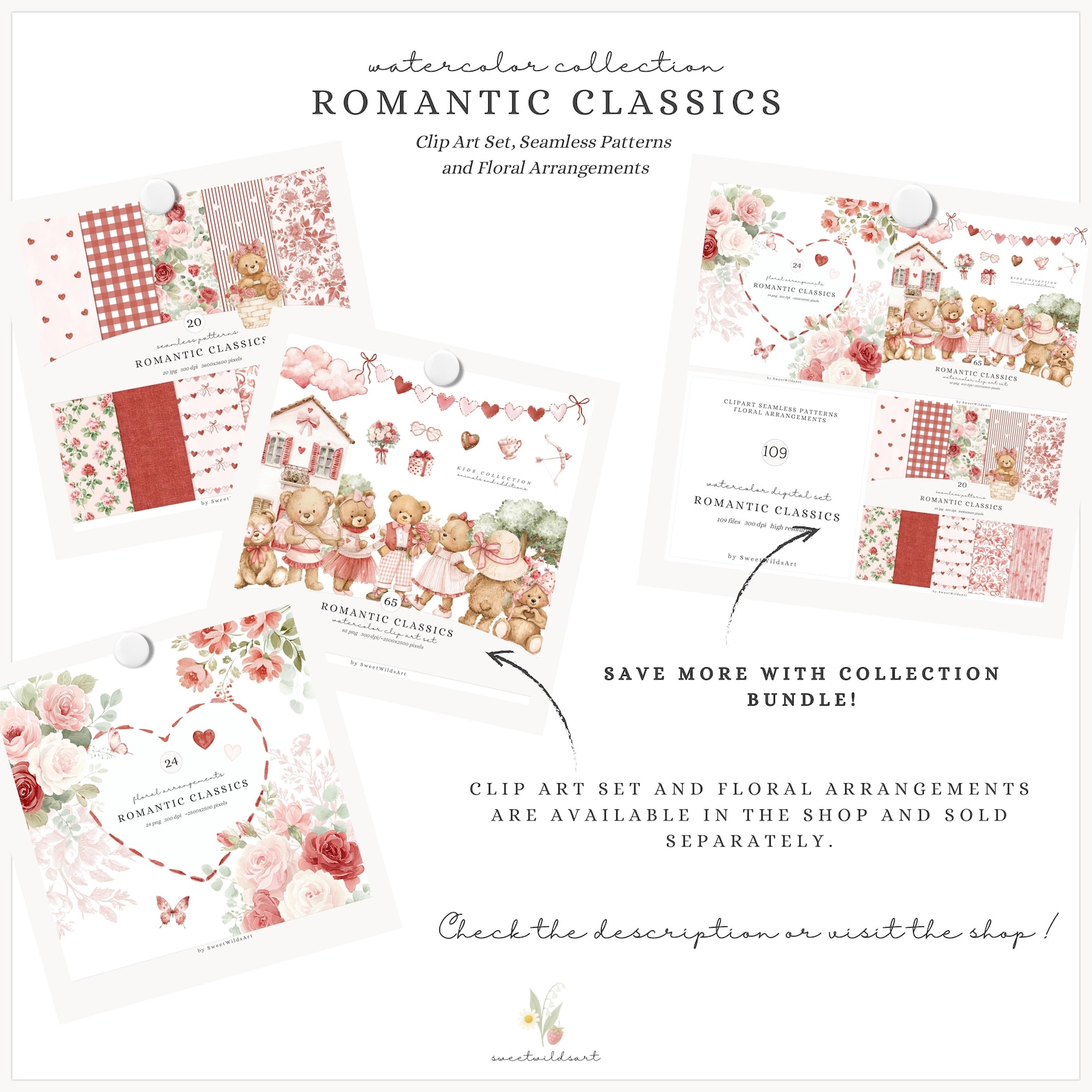Watercolor Romantic Classics Seamless Patterns, Valentine's Day ...