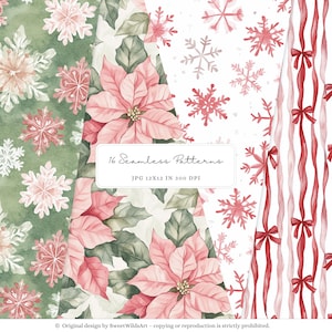 May include: A collection of 16 seamless patterns featuring watercolor designs. The patterns include pink poinsettias, snowflakes, and red ribbons on various backgrounds. The image text reads "16 Seamless Patterns" and "JPG 12x12 IN 300 DPI".