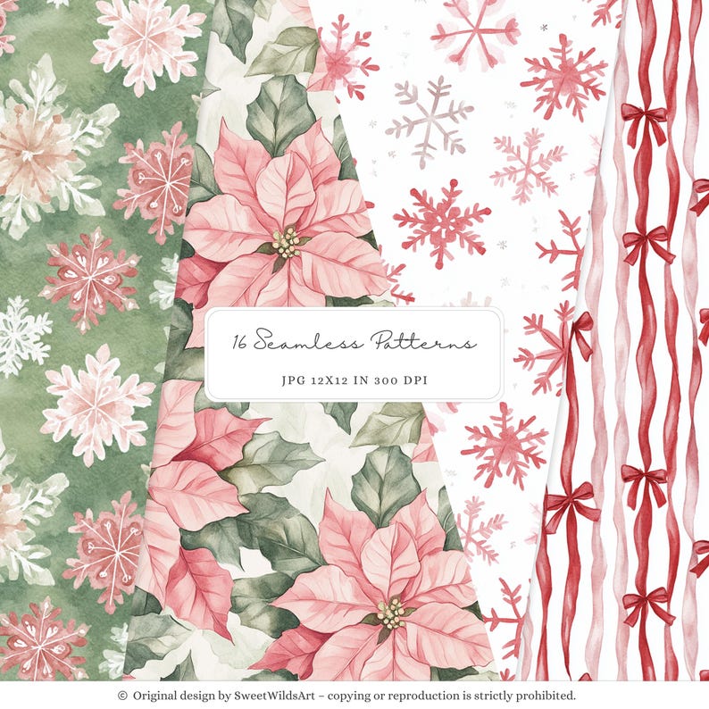 May include: A collection of 16 seamless patterns featuring watercolor designs. The patterns include pink poinsettias, snowflakes, and red ribbons on various backgrounds. The image text reads "16 Seamless Patterns" and "JPG 12x12 IN 300 DPI".