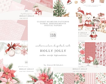 Könnte beinhalten: Ein Aquarell-Digitalset mit dem Titel "HOLLY JOLLY" mit weihnachtlichen Cliparts, nahtlosen Mustern und floralen Arrangements. Das Set enthält 118 Dateien mit einer hohen Auflösung von 300 dpi. Das Bild zeigt verschiedene Designs, darunter digitale Papiere und festliche Illustrationen.