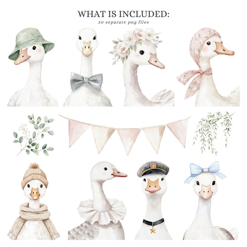 May include: A set of 30 watercolor illustrations featuring cute geese with different accessories. The geese are wearing hats, flowers, scarves, and bow ties. There are also illustrations of a bunting and greenery.
