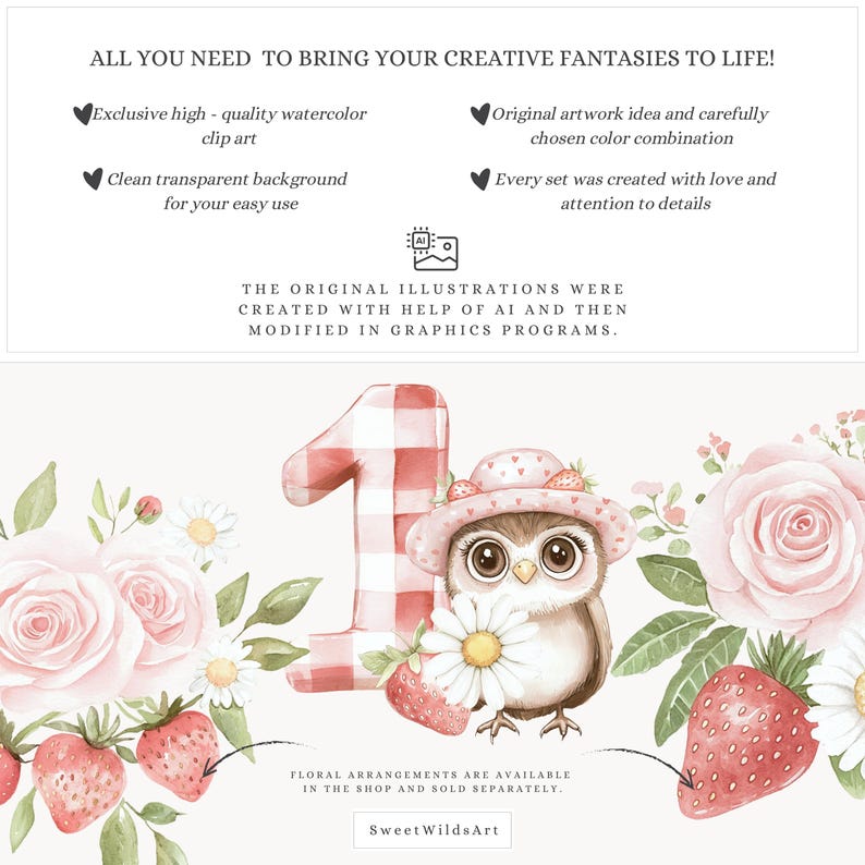 May include: Watercolour illustration of a pink and white owl wearing a pink and white hat with a red and white checked number one behind it. The owl is surrounded by pink roses, white daisies, and red strawberries.