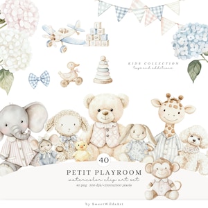 Conjunto de clipart de aquarela para sala de jogos Petit, brinquedos Grandmillennial PNG, decoração fofa para berçário, animais bebês vintage em tons pastéis suaves, download digital