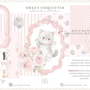 May include: A watercolor design featuring a white kitten in a pink ornate frame with roses. The image includes the text "SWEET COQUETTES watercolor collection" and "MIX & MATCH COLLECTION ELEMENTS". Additional elements include pink patterns and other kitten illustrations.
