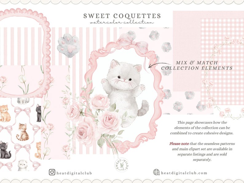 May include: A watercolor design featuring a white kitten in a pink ornate frame with roses. The image includes the text "SWEET COQUETTES watercolor collection" and "MIX & MATCH COLLECTION ELEMENTS". Additional elements include pink patterns and other kitten illustrations.