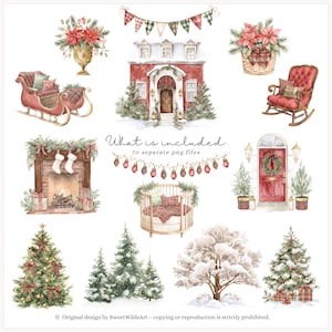 K&ouml;nnte beinhalten: Aquarellillustrationen von Weihnachtsdekorationen, darunter ein rotes Haus, Weihnachtsb&auml;ume, ein Kamin, ein Schaukelstuhl und ein Babybett. Der Text "What is included 70 separate png files" ist enthalten.
