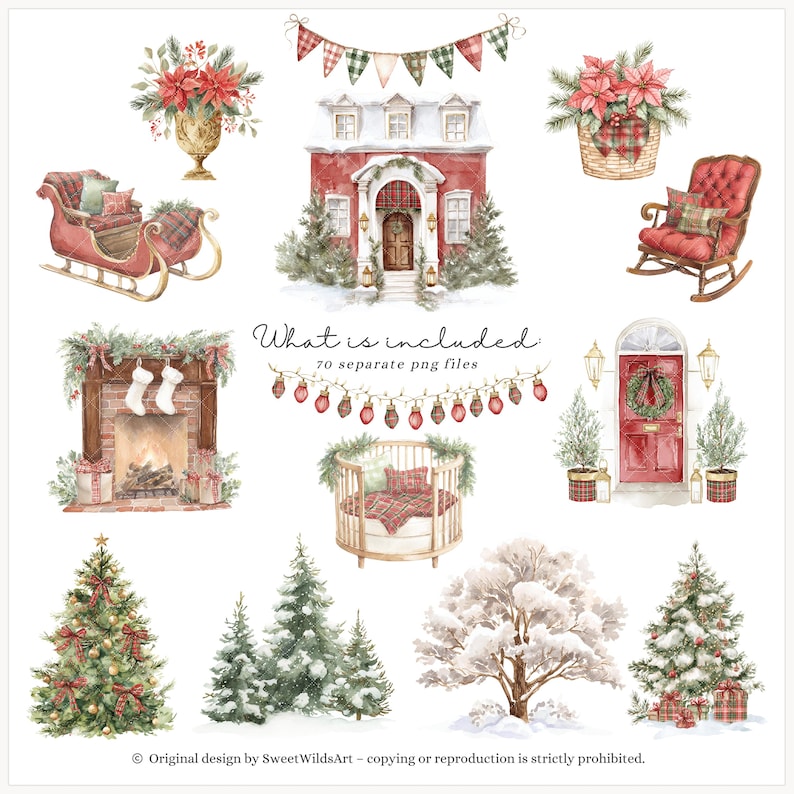 K&ouml;nnte beinhalten: Aquarellillustrationen von Weihnachtsdekorationen, darunter ein rotes Haus, Weihnachtsb&auml;ume, ein Kamin, ein Schaukelstuhl und ein Babybett. Der Text "What is included 70 separate png files" ist enthalten.