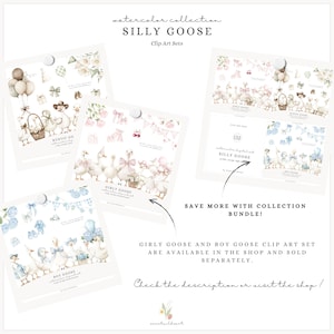 Pode incluir: Conjuntos de clip art em aquarela com ilustra&ccedil;&otilde;es de gansos, la&ccedil;os, bal&otilde;es e elementos florais. O texto diz "SILLY GOOSE" e "Girly Goose and Boy Goose Clip Art Set". A imagem tem uma paleta de cores pastel.