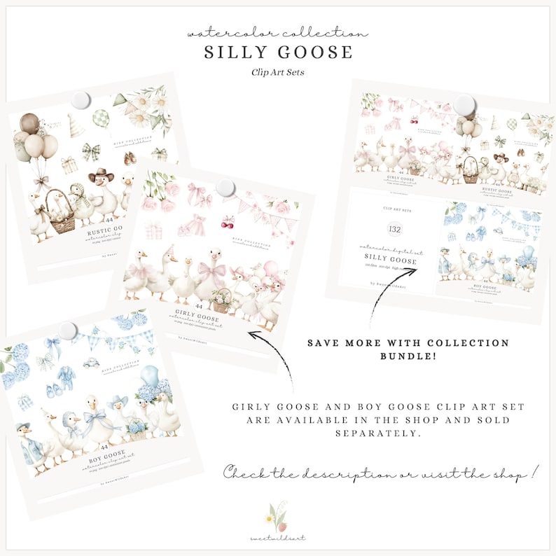 Pode incluir: Conjuntos de clip art em aquarela com ilustra&ccedil;&otilde;es de gansos, la&ccedil;os, bal&otilde;es e elementos florais. O texto diz "SILLY GOOSE" e "Girly Goose and Boy Goose Clip Art Set". A imagem tem uma paleta de cores pastel.