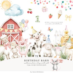 Clipart de celeiro de aniversário em aquarela, aniversário de animal de fazenda PNG, clipart de festa infantil, animais fofos de festa na fazenda, vaca, porco PNG, chá de bebê, digital