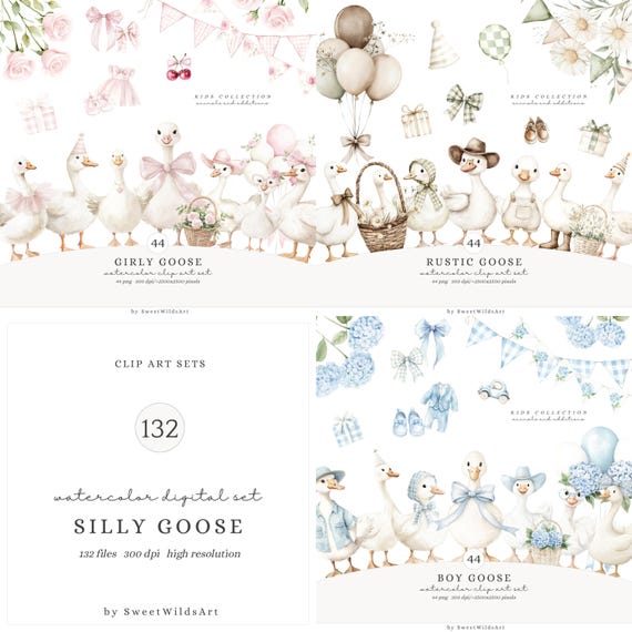 Watercolor Silly Goose Clipart, Rustic Goose PNG, Boho nursery decor, Baby Shower Clip Art, Spring Vintage Cottagecore Commercial Use