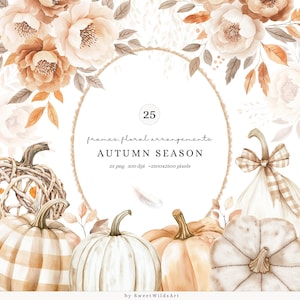 Puede incluir: Ilustración en acuarela con temática otoñal. La imagen incluye calabazas, arreglos florales y el texto "AUTUMN SEASON". La paleta de colores consiste en tonos cálidos como beige, marrón y blanco. El diseño incluye 25 archivos png.