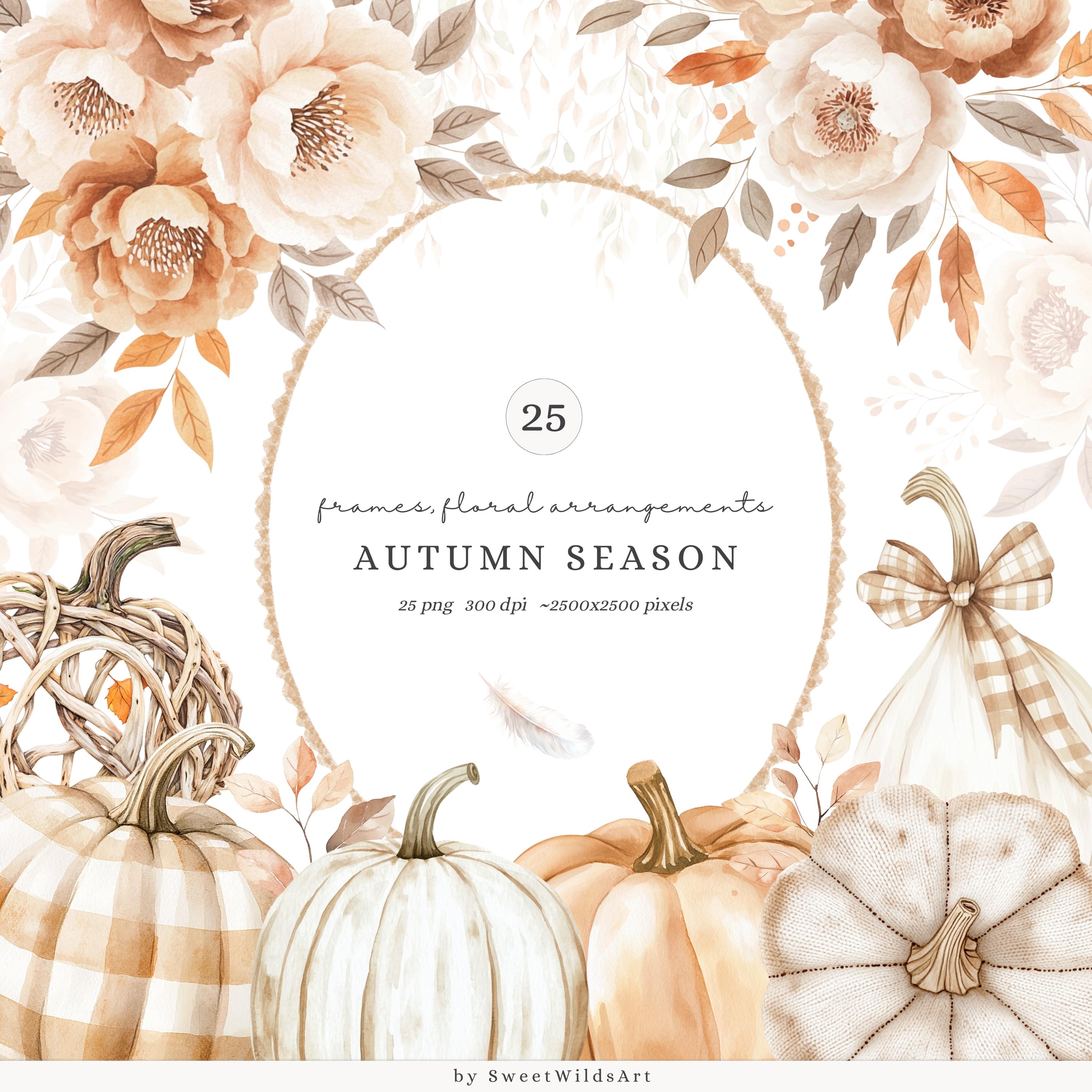 Watercolor Autumn Floral Clipart, Fall Bouquets PNG, Beige Brown Flowers, Rustic Flower Clip Art, Autumn Pumpkins PNGs, Digital Download