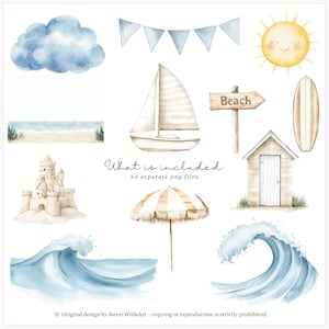 May include: A set of watercolor illustrations featuring beach-themed elements, including a sailboat, a beach hut, a surfboard, a sandcastle, a beach umbrella, a wave, a cloud, a sun, and a sign that says "Beach".