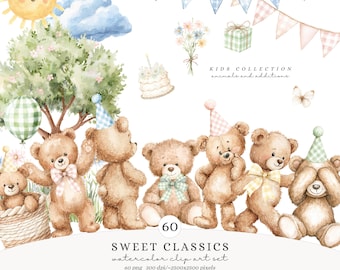Watercolor Teddy Bear Clipart, Pastel Birthday Bears Toys Clipart, Cute Baby Animals PNG, Sweet Nursery Clipart, Kids Party Digital Graphics