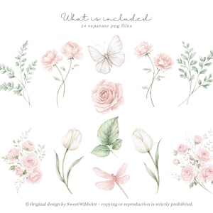 May include: Watercolor illustrations of flowers, leaves, a butterfly, and a dragonfly in soft pink and green hues. The image includes the text "What is included" and "24 separate png files". The design is by Sweet WildsArt.