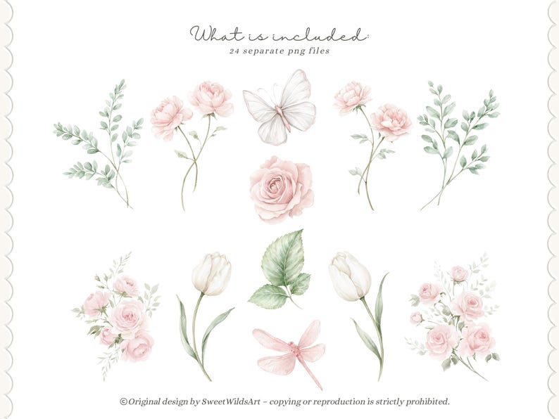 May include: Watercolor illustrations of flowers, leaves, a butterfly, and a dragonfly in soft pink and green hues. The image includes the text "What is included" and "24 separate png files". The design is by Sweet WildsArt.