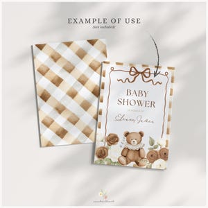 May include: A printable baby shower invitation with a brown teddy bear wearing a white lace collar and a brown bow. The invitation has a brown and white gingham background and the text "Baby Shower" in honor of "Elennes Jarker".