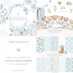 May include: A digital art set with watercolour illustrations, including floral arrangements, teddy bears, and seamless patterns in blue hues. The image features the text "LITTLE GENTLEMEN" and "KIDS COLLECTION". The designs include flowers and teddy bears.