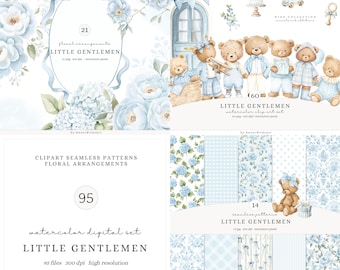 Watercolor Teddy Bear Clipart Set, Little Gentlemen Cute Baby Boy Clipart, Blue Nursery PNG, Bear Clipart, Grandmillennial Digital Download
