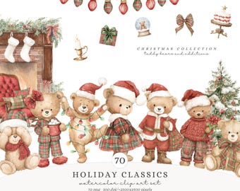 Imágenes prediseñadas de osos de peluche navideños en acuarela, imágenes prediseñadas navideñas de tartán, osos lindos PNG, imágenes prediseñadas navideñas para guardería, animales navideños, descarga digital