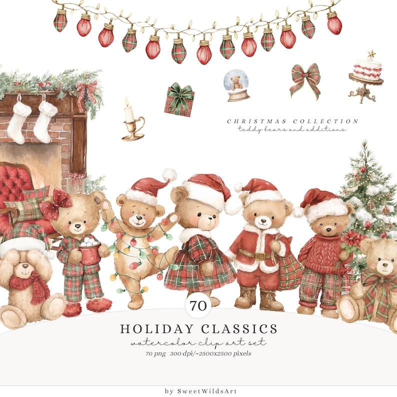 K&ouml;nnte beinhalten: Aquarell-Clip-Art-Set mit Teddyb&auml;ren in Weihnachtsm&uuml;tzen und festlicher Kleidung. Das Bild enth&auml;lt einen Kamin, einen Weihnachtsbaum und dekorative Elemente. Der Text lautet "HOLIDAY CLASSICS" und "CHRISTMAS COLLECTION".