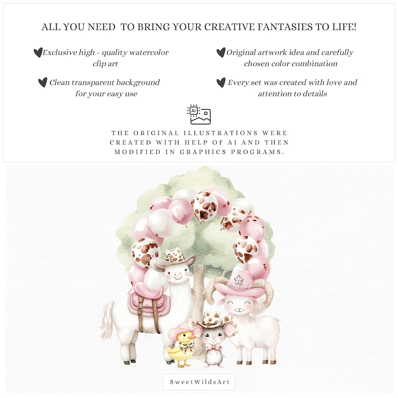 May include: Watercolor illustration of a llama, goat, mouse, and chick wearing cowboy hats. The animals are standing in front of a pink and brown balloon archway. The illustration is on a white background.