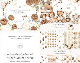 Conjunto de imágenes prediseñadas de acuarela "Tiny Moments", peluches PNG, imágenes prediseñadas de animales bebés, ilustraciones para guarderías, neutro, baby shower, descarga digital