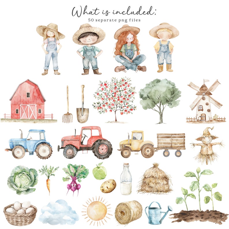 May include: A set of 50 watercolor illustrations featuring farm-themed imagery, including a red barn, a windmill, a tractor, a scarecrow, a farmer, a farmer's market, and a variety of farm animals. The illustrations are perfect for creating invitations, cards, and other crafts.
