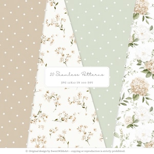 May include: A collection of 20 seamless patterns in various designs. The patterns include polka dots, floral arrangements, and botanical prints. The image text reads "20 Seamless Patterns, JPG 12x12 in 300 DPI."