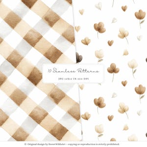 May include: A set of 10 digital seamless patterns featuring a brown and white gingham pattern and a pattern with brown and white flowers and hearts. The patterns are 12x12 inches and 300 DPI.