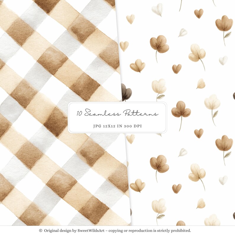 May include: A set of 10 digital seamless patterns featuring a brown and white gingham pattern and a pattern with brown and white flowers and hearts. The patterns are 12x12 inches and 300 DPI.
