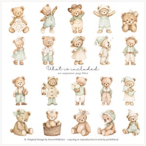 May include: Watercolor illustrations of teddy bears in various outfits and poses. The bears are depicted in dresses, overalls, hats, and pajamas. The text "What is included" and "60 separate png files" is visible. The design is by SweetWildsArt.