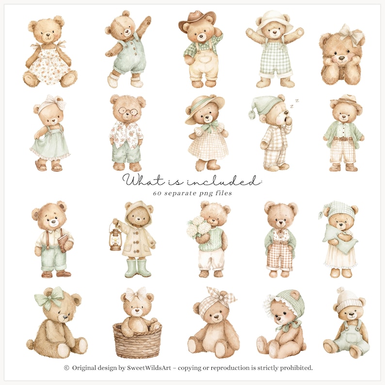 May include: Watercolor illustrations of teddy bears in various outfits and poses. The bears are depicted in dresses, overalls, hats, and pajamas. The text "What is included" and "60 separate png files" is visible. The design is by SweetWildsArt.