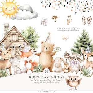 Aquarel verjaardag bos clipartset, bosdieren verjaardag png, schattige bos feest clipart, baby dieren bos, kinderfeest, digitaal