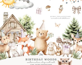 Aquarell Wald Clipart Set, Waldtiere Geburtstag PNG, süße Waldparty Clipart, Baby Tiere Wald, Kinder Party, Digital