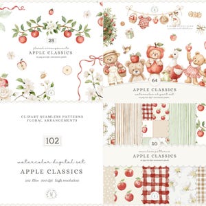 Op de afbeelding: Een digitale aquarel clipartset genaamd Apple Classics met 102 bestanden, waaronder bloemstukken met rode appels, teddyberen, een eend en naadloze patronen met rood gingham, strepen en appelmotieven op een witte achtergrond.