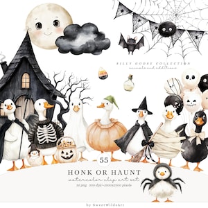 Watercolor Halloween Goose Clipart Set, Cute Spooky Geese PNG, Halloween Animals Clipart, Silly Goose Clipart, Whimsical Baby Shower Digital