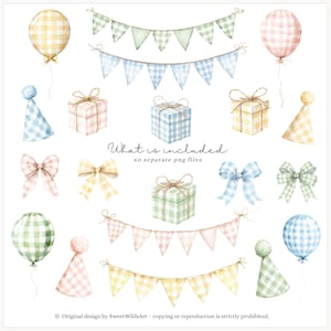 May include: Watercolor illustrations of party decorations, including balloons, gift boxes, bows, party hats, and bunting. The designs feature pastel colors and gingham patterns. Text reads "What is included 60 separate png files."